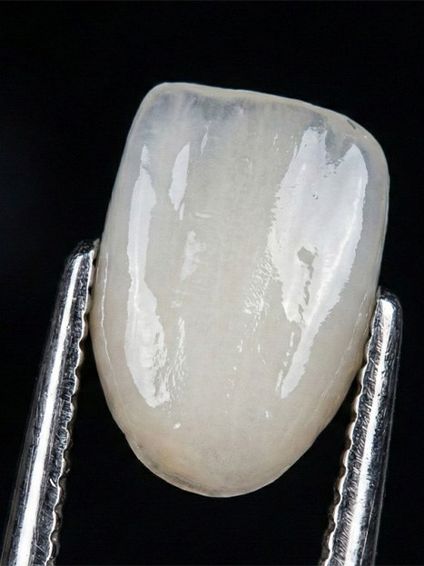 Veneer being held by a metal tool.